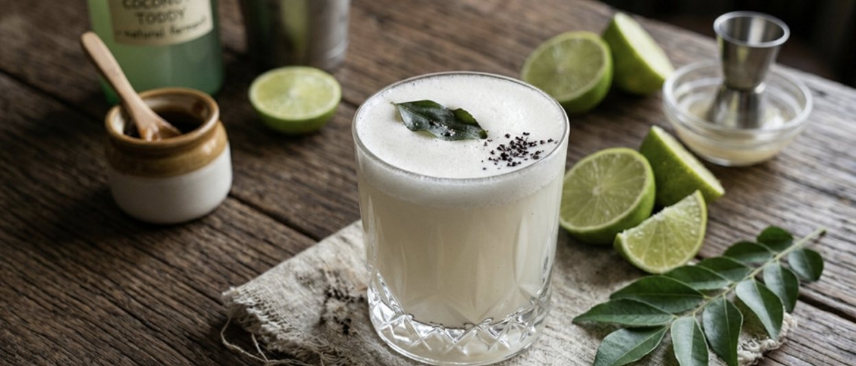 A toddy sour garnished with a curry leaf, surrounded by limes and a jigger