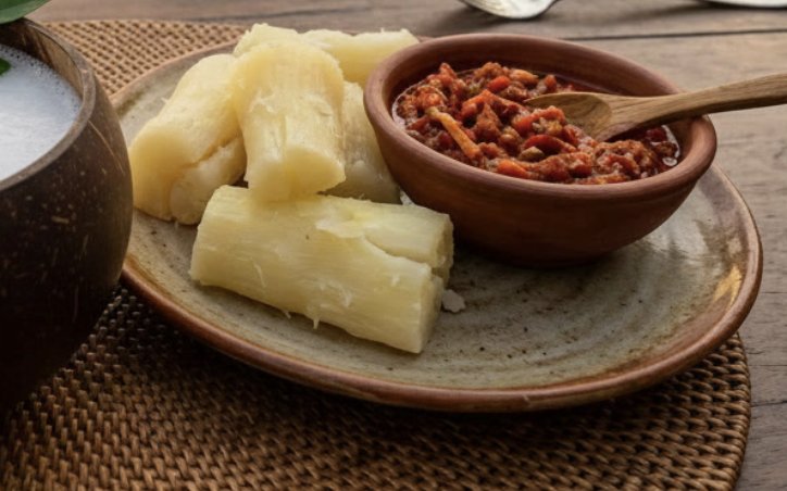 Boiled manioc with lunu miris on a clay plate