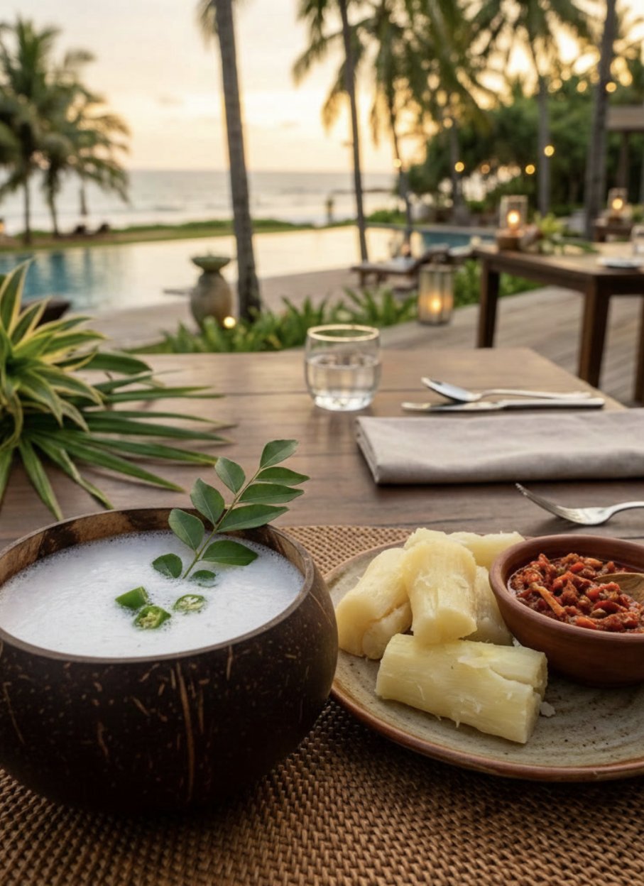 Camel Toddy served in a polished coconut shell with curry leaves and green chili, beside boiled manioc