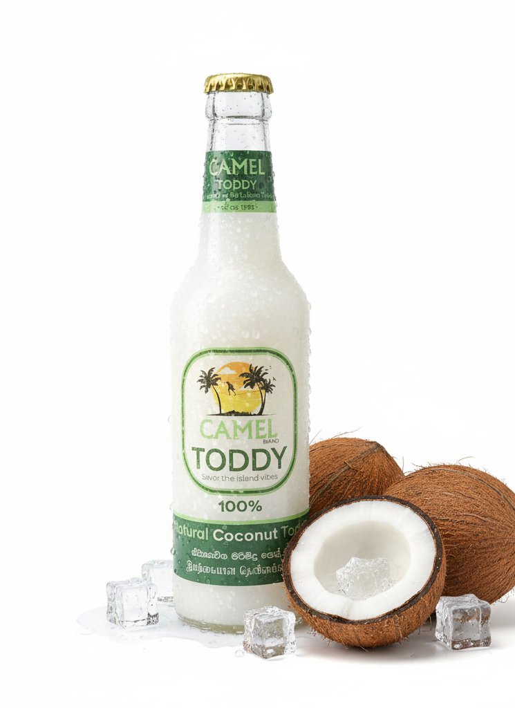 Camel Toddy bottle with fresh coconuts and ice